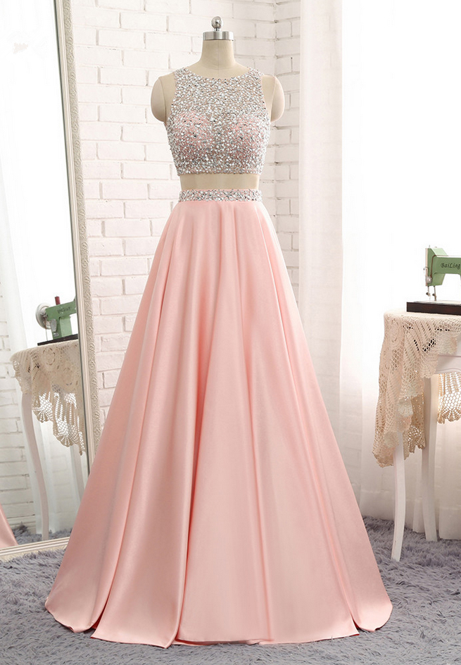Designer Beading Adorned Keyhole Cut Out Back 2 Pieces Show Belly Prom Evening Gown Blush Pink - Click Image to Close